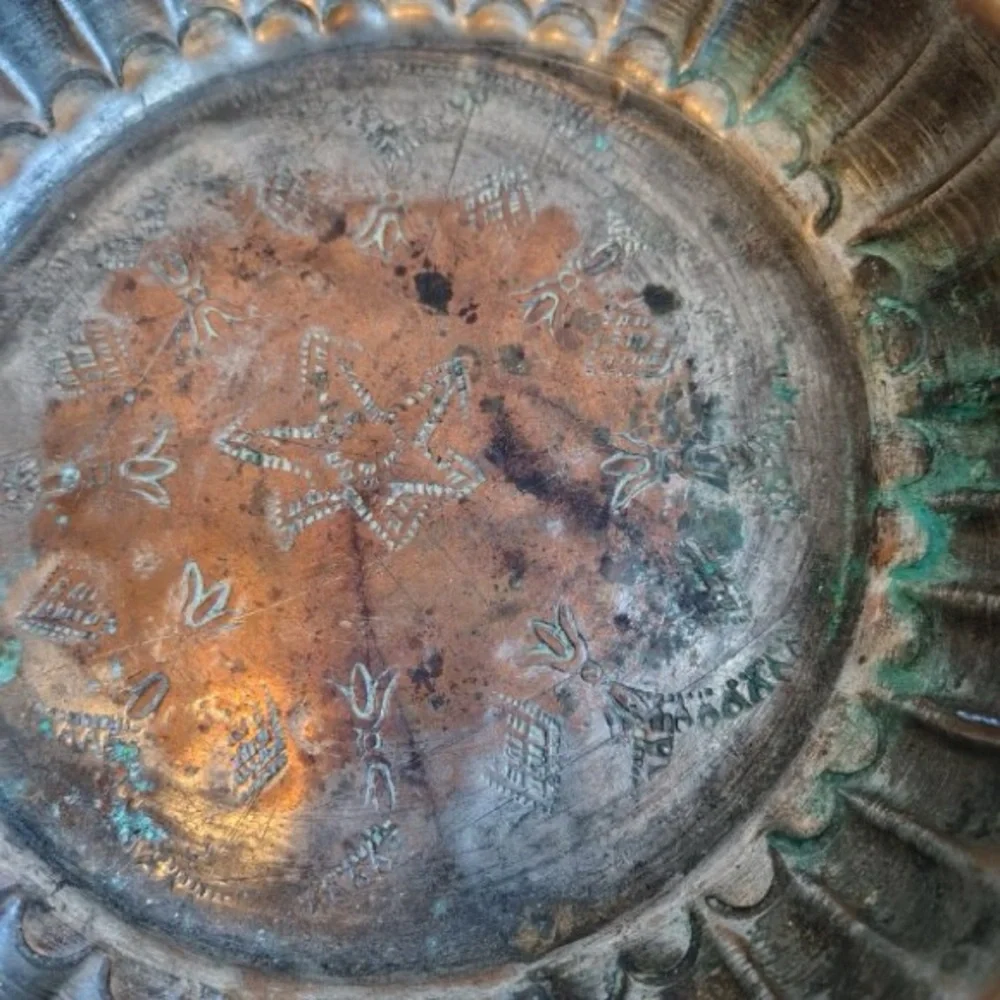 Vtg Handmade Copper Bowls (3) Patina Heavy Primitive Metal Fluted Ribbed Engrave